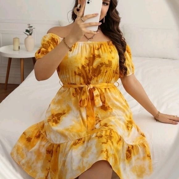 Off the‎ Shoulder Ruffle Hem Belted Dress - Picture 3 of 3